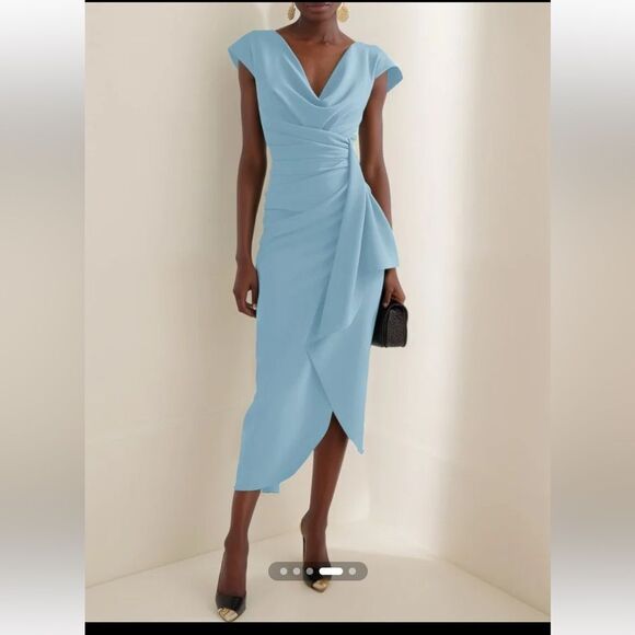 Fehaute Dresses & Skirts - Fehaute Cowl Neck Ruched Cap Sleeve Sheath Midi Dress • Size 6 •